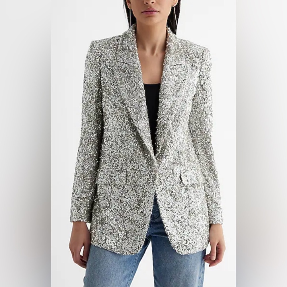 Express Shimmering Silver Sequin Jacket - image 1